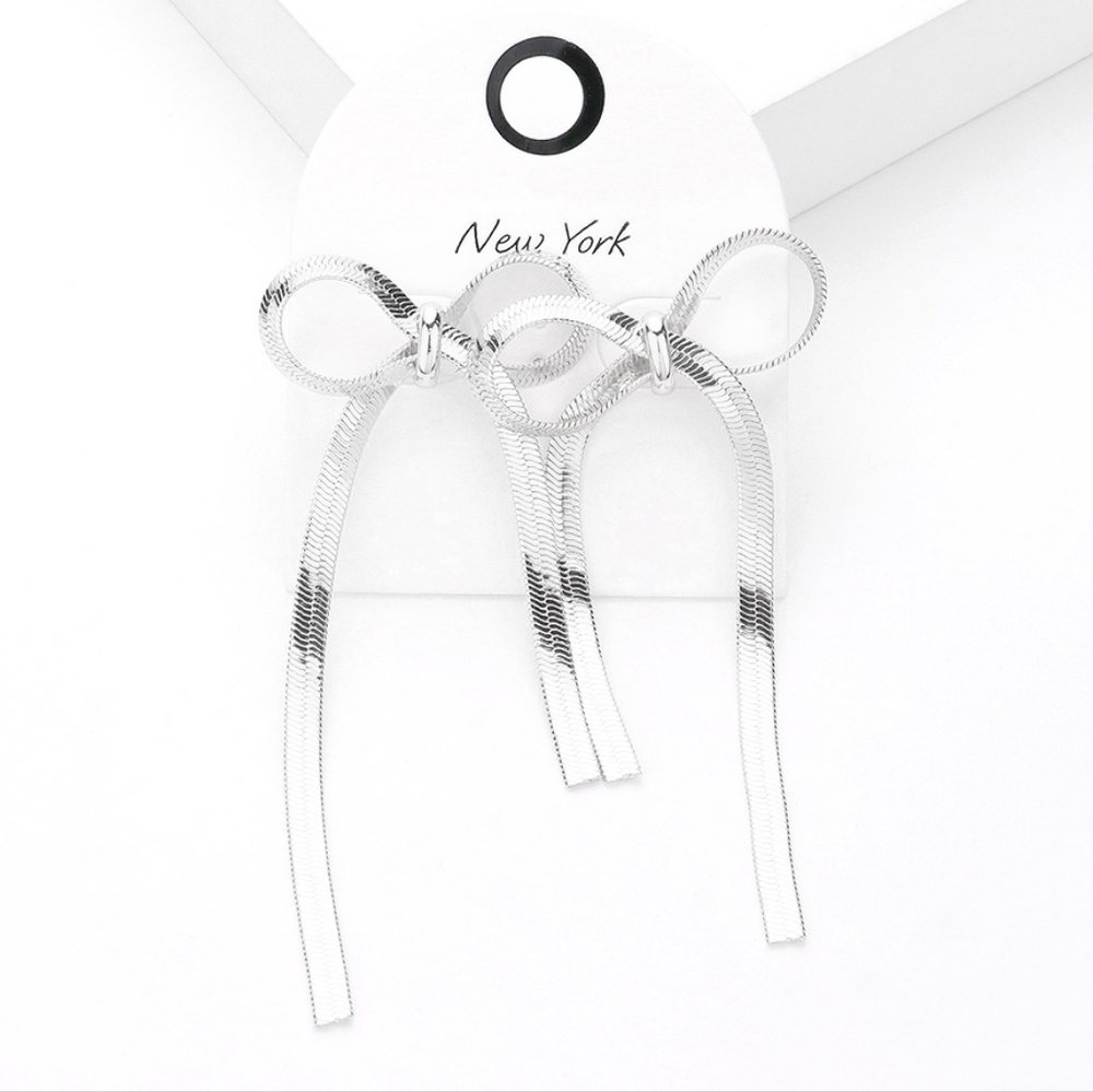 Silver Snake Chain Dangle Bow Earrings 3.5" Metal Ribbon Statement Jewelry